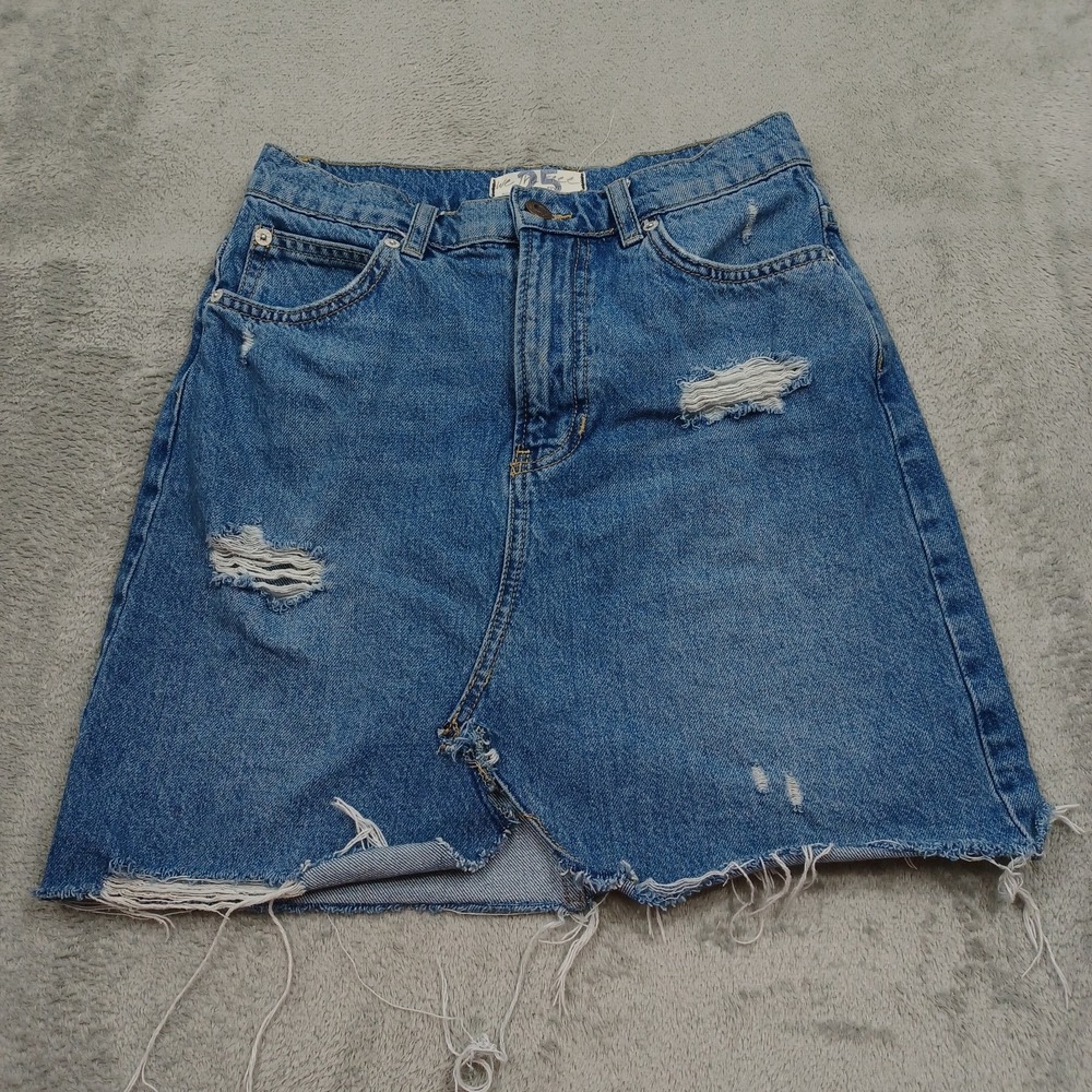 We The Free Skirt Womens 25 Blue Denim Zip Up Preppy Boho Frayed